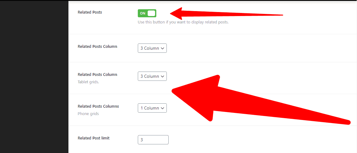 Enable the Related Posts and Column settings