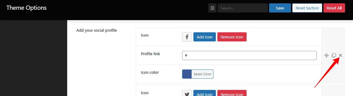 header settings remove social profiles