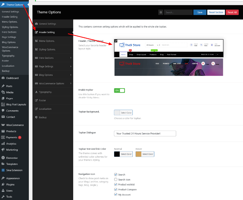 Header layout settings